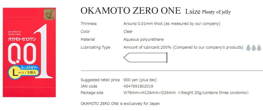 Okamoto - Zero One 0.01 L碼特潤版 3個裝